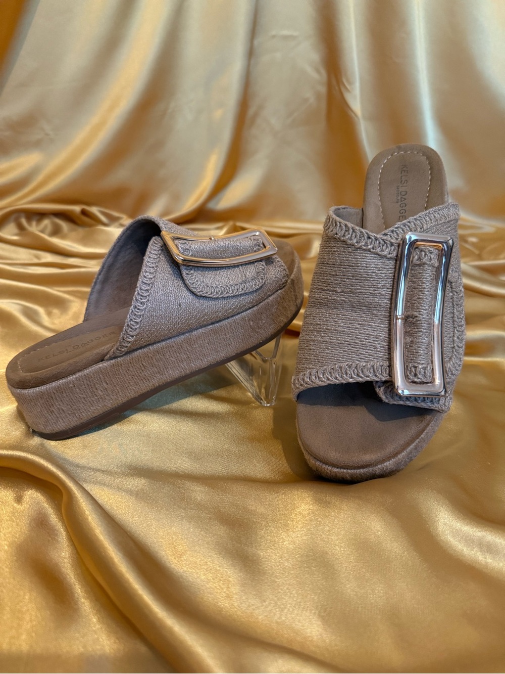 Kelsi Dagger Taupe Slide Mules with Oversized Silver Buckle